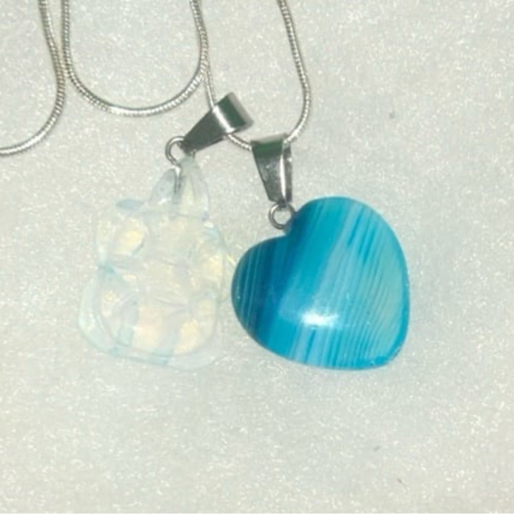 Blue Agate Crystal Heart ❤️ and Opal turtle 🐢 sterling silver 16” necklace